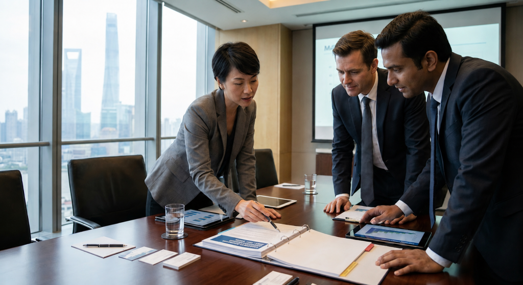 Shanghai Business Environment 2026: 10 Key Tasks to Accelerate Your WFOE Success Corporate executives analyzing the new Shanghai business environment 2026 policy guidelines