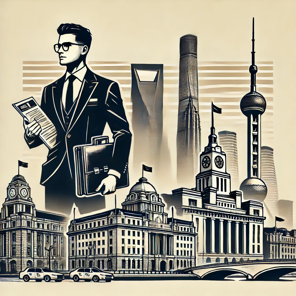 DALL·E 2024 09 12 17.14.11 A stylish illustration in Black and Beige BB style of a Chinese man standing confidently as a tax agent in front of the Bund in Shanghai. The man