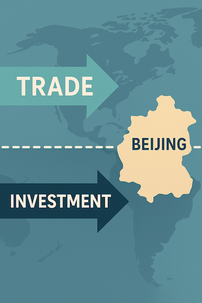 A graphic showing arrows crossing a border, with one set labeled "Trade" and the other "Investment," pointing towards a stylized map of Beijing.
