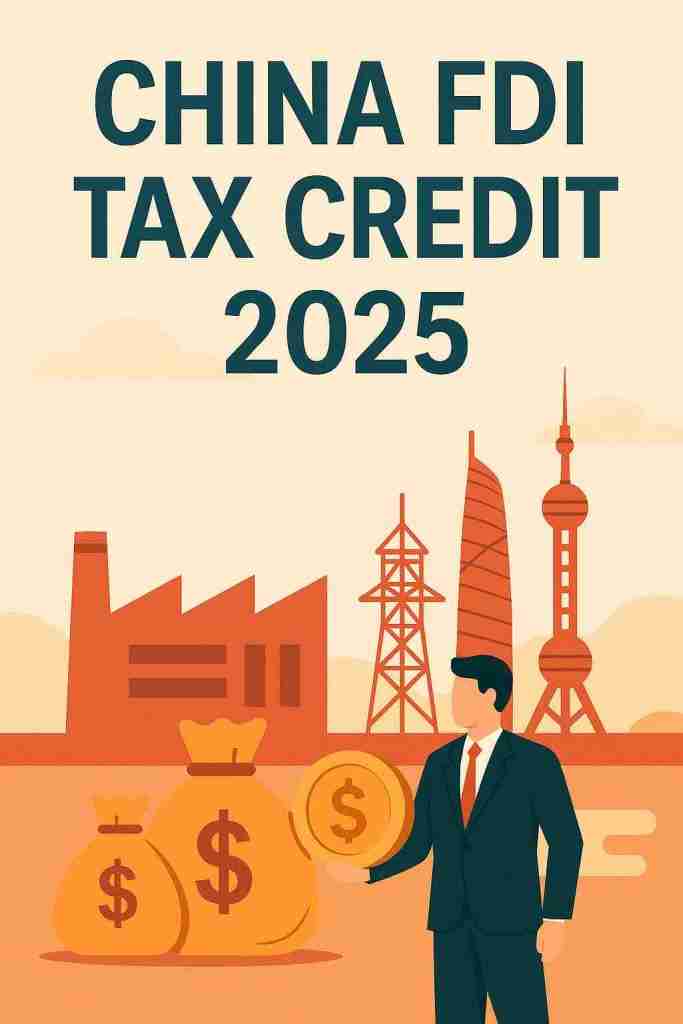 cover image featuring “China FDI Tax Credit 2025” headline for a professional investor guide about the China FDI tax credit
