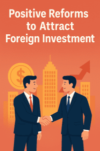 Illustration of business professionals shaking hands in front of a city skyline, symbolizing positive reforms and foreign investment growth in China.