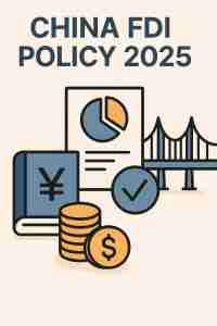 China FDI Policy 2025 vertical cover showing reinvestment, SAFE capital flow, and GBA gateway themes.