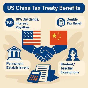 Infographic explaining US China tax treaty benefits: 10% dividend, interest, royalty caps;