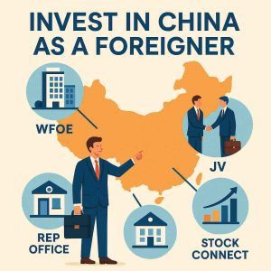 Infographic mapping how to invest in China as a foreigner via WFOE, JV, Stock Connect, Bond Connect