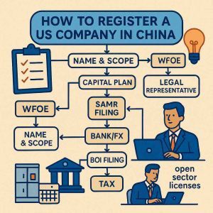 Illustrated flowchart titled “how to register a US company in China,” showing WFOE vs JV, name & scope, capital plan, legal representative, SAMR filing, MOFCOM reporting, bank/FX, BOI filing, and tax activation.