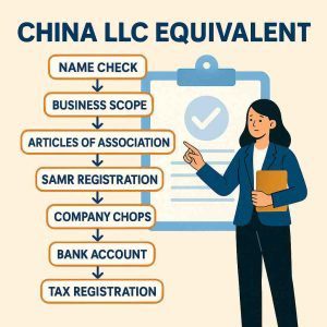 Flowchart showing steps to register the China LLC equivalent (WFOE) from name check to tax registration