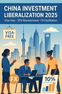 Commercial illustration cover for China Investment Liberalization 2025, featuring a modern skyline and professional team silhouettes