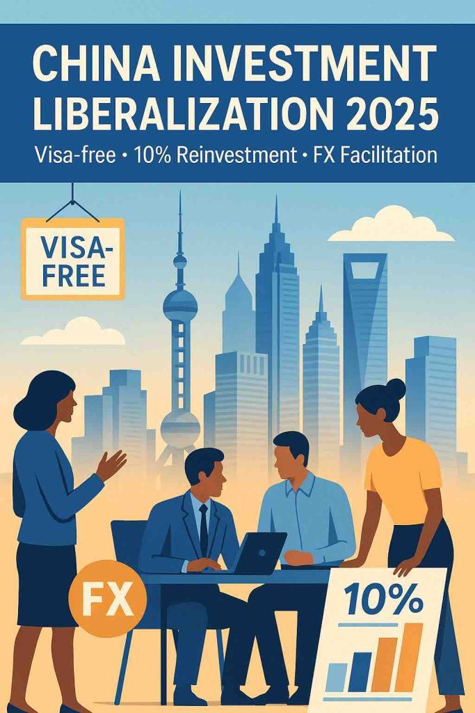 Commercial illustration cover for China Investment Liberalization 2025, featuring a modern skyline and professional team silhouettes