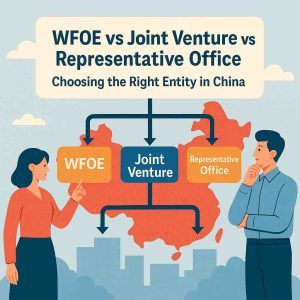Decision tree comparing WFOE vs Joint Venture vs Representative Office for choosing the right entity in China