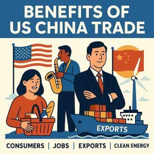 Illustration showing the benefits of US China trade for consumers, jobs, exports, and clean energy