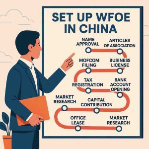 Illustrated roadmap showing how to set up WFOE in China from name check to tax registration