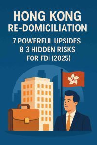 Hong Kong re-domiciliation cover showing a professional gradient backdrop with the words “7 Powerful Upsides & 3 Hidden Risks for FDI (2025)