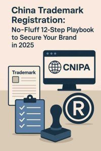 Flat illustration of documents, CNIPA portal, and a seal representing china trademark registration steps