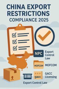 Stylized compliance cover highlighting china export restrictions, MOFCOM, NPC Export Control Law, and GACC licensing.