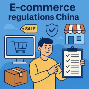 illustration with shopping cart, compliance shield, and legal document icons over a stylized China city skyline, symbolizing E-commerce regulations China 2025