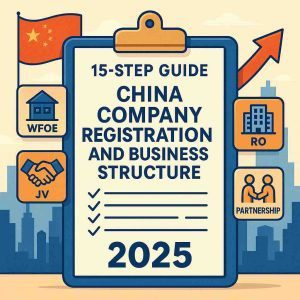 China company registration and business structure — icons for WFOE, JV, RO, partnership, USCC/GSXT, and capital rule