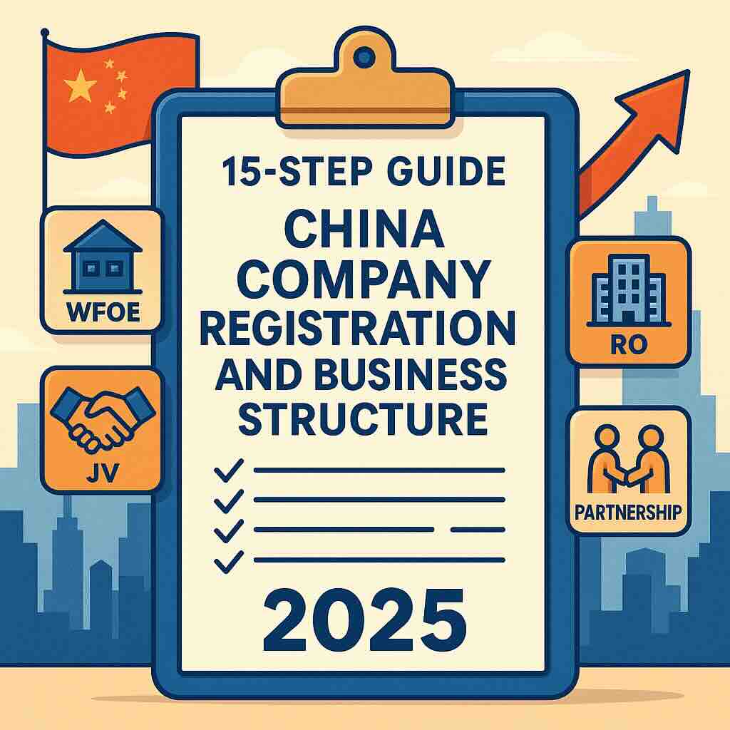 China company registration and business structure — icons for WFOE, JV, RO, partnership, USCC/GSXT, and capital rule