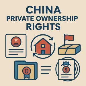 China private ownership rights—icons for Constitution, house title, land‑use right, and company shares