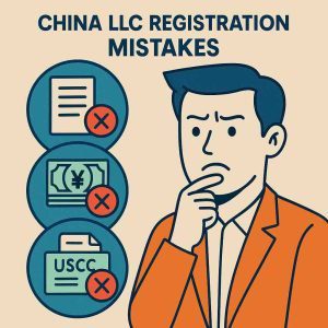 China LLC registration mistakes—icons for scope, capital, USCC/GSXT, bank KYC, and fapiao