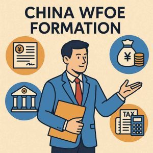 China WFOE formation — icons for registration, capital, bank/FX and tax in a business illustration