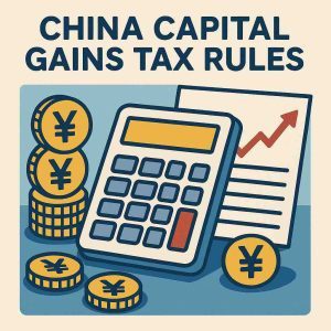 China capital gains tax rules—calculator with RMB coins and stock chart