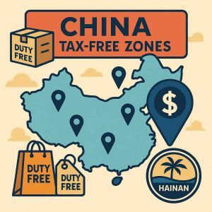 China tax‑free zones visual—map with FTZ pins, duty‑free icons, and Hainan FTP zero‑tariff badge