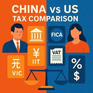 China vs US tax comparison—icons for CIT, IIT/FICA, VAT vs sales tax, and overall tax burden