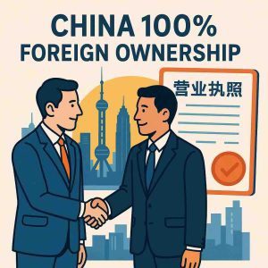 China 100% foreign ownership — investor shaking hands, business license, and skyline