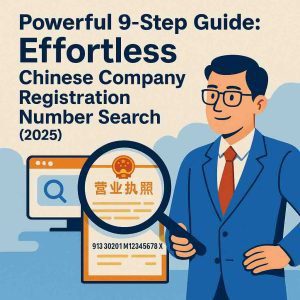 Chinese company registration number search—magnifying glass over USCC on a Chinese business license with GSXT portal icon