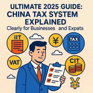 China tax system explained—icons for IIT, VAT, CIT, and surcharges with RMB symbols