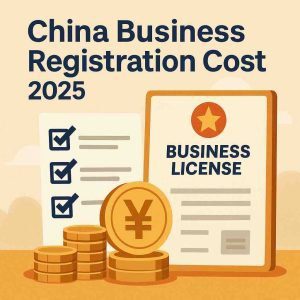 China business registration cost — checklist and RMB/Yuan icons next to a business license (USCC)