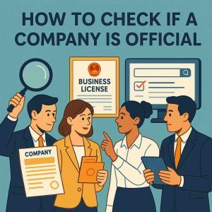 Business illustration showing people checking if a company is official using registries, business licenses, and online tools