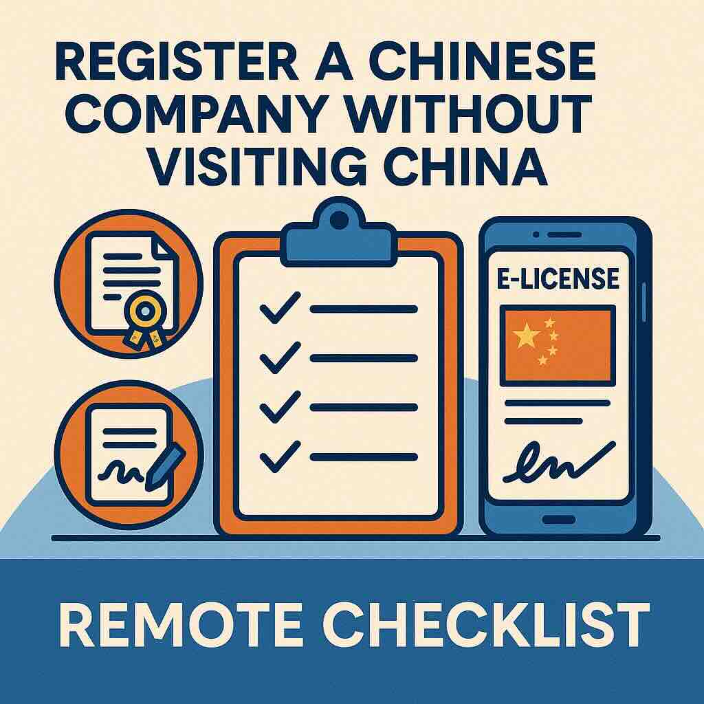 Remote checklist to register a Chinese company without visiting China with e‑license, e‑signature, and apostille icons