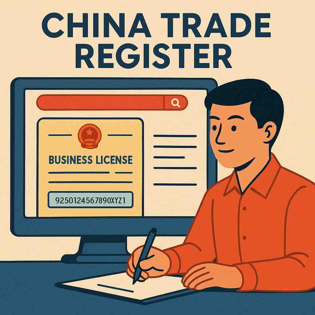 China trade register — GSXT search screen with USCC highlighted on a business license