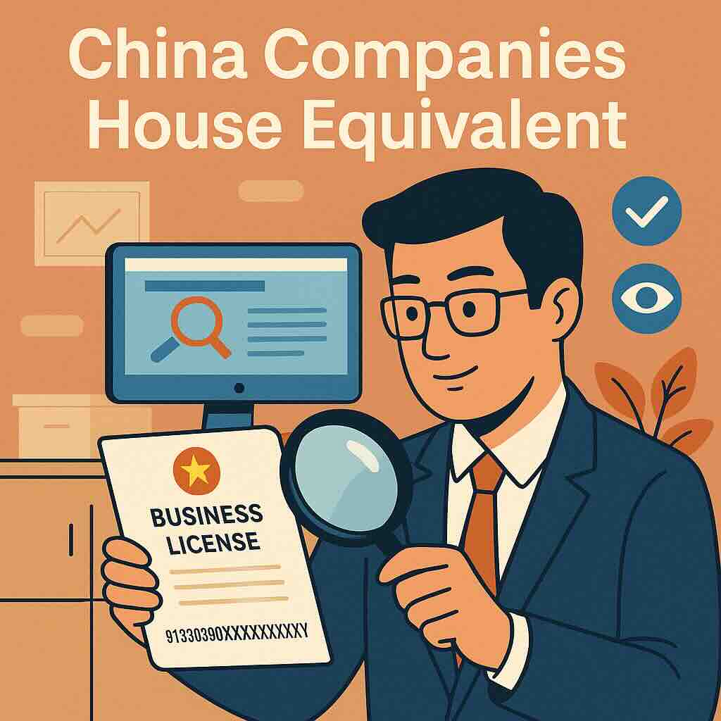China Companies House equivalent — GSXT screen, USCC on business license, and verification icons
