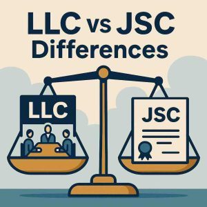 LLC vs JSC differences shown with scales, boardroom icons, and share certificates
