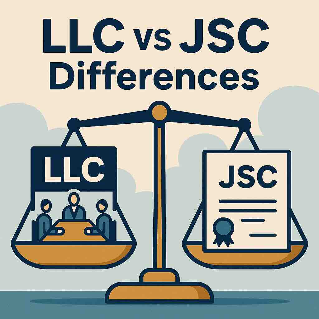 LLC vs JSC differences shown with scales, boardroom icons, and share certificates
