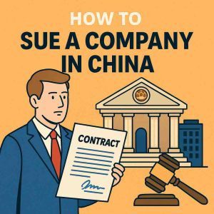 Illustration showing a foreign investor preparing to sue a company in China with court building, contract, and gavel