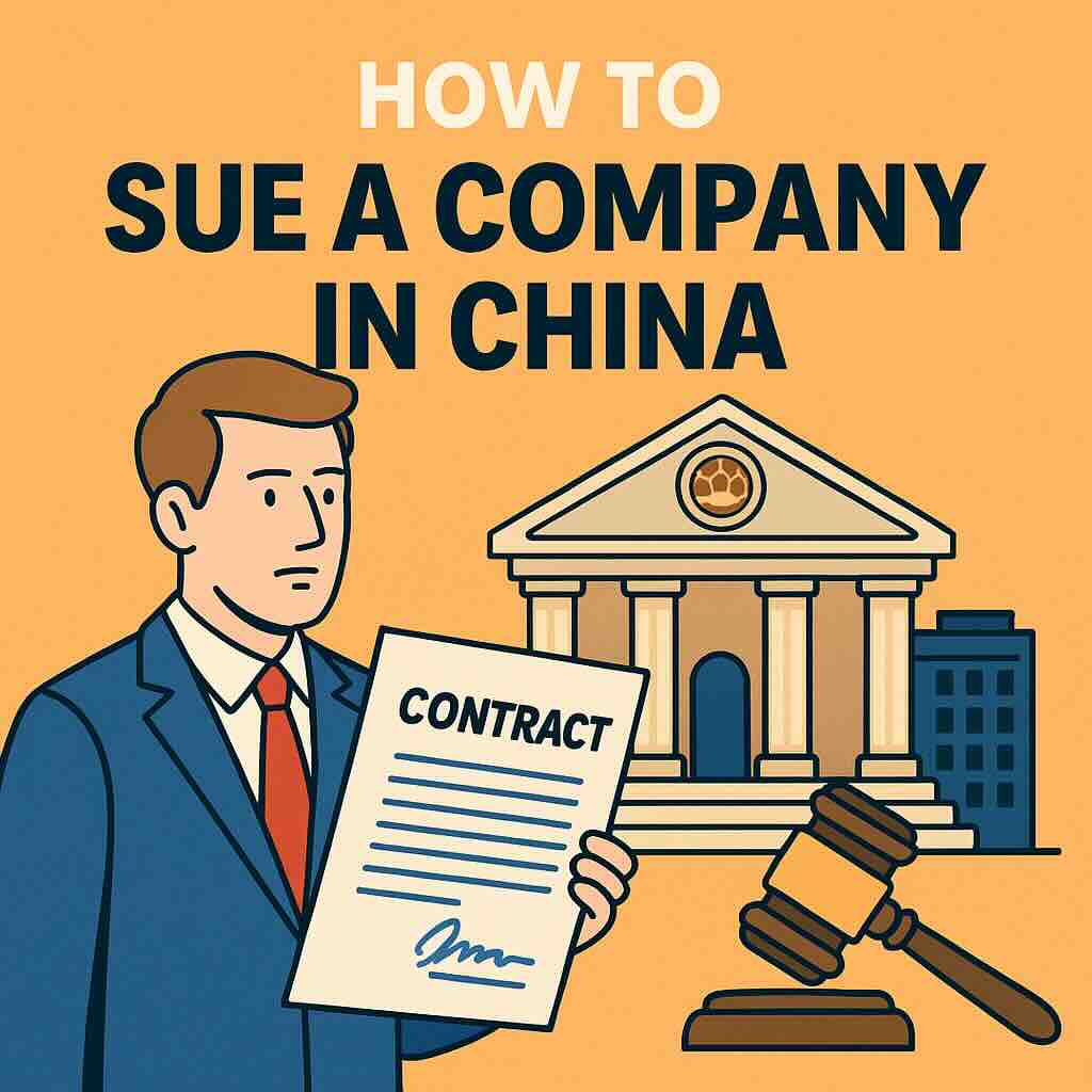 Illustration showing a foreign investor preparing to sue a company in China with court building, contract, and gavel