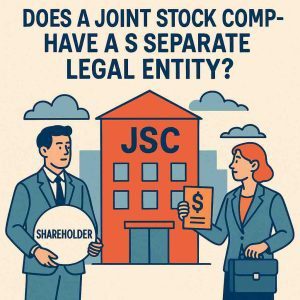 Flat illustration explaining does a joint stock company have a separate legal entity with JSC, shareholders, and creditors shown separately