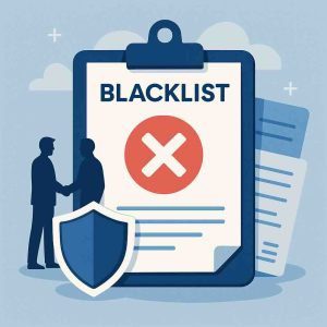 Corporate due‑diligence flow chart illustrating China company blacklist checks across GSXT, Credit China, courts, tax, and MOFCOM.