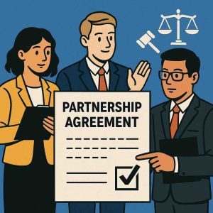Illustration of investors reviewing a written partnership agreement with China law icons and checklists