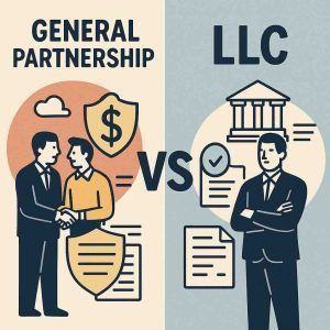 Side-by-side chart comparing general partnership vs LLC for liability, taxes, and management.