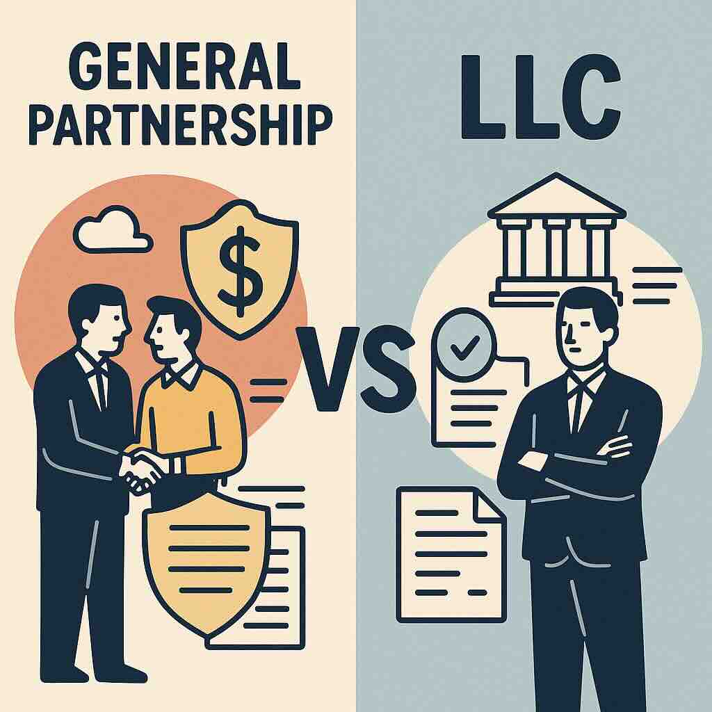 Side-by-side chart comparing general partnership vs LLC for liability, taxes, and management.