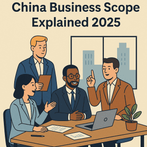 Foreign investors discussing China business scope 2025 in a modern office
