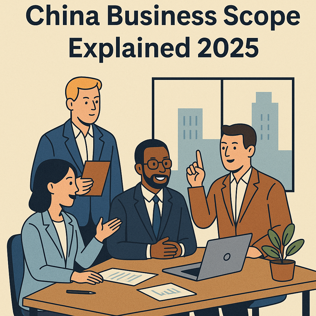 Foreign investors discussing China business scope 2025 in a modern office