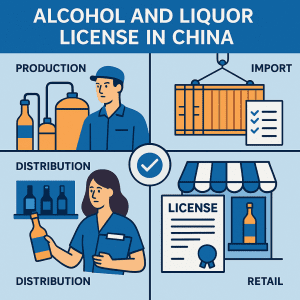 Diagram explaining Alcohol and Liquor License in China requirements for production import distribution and retail