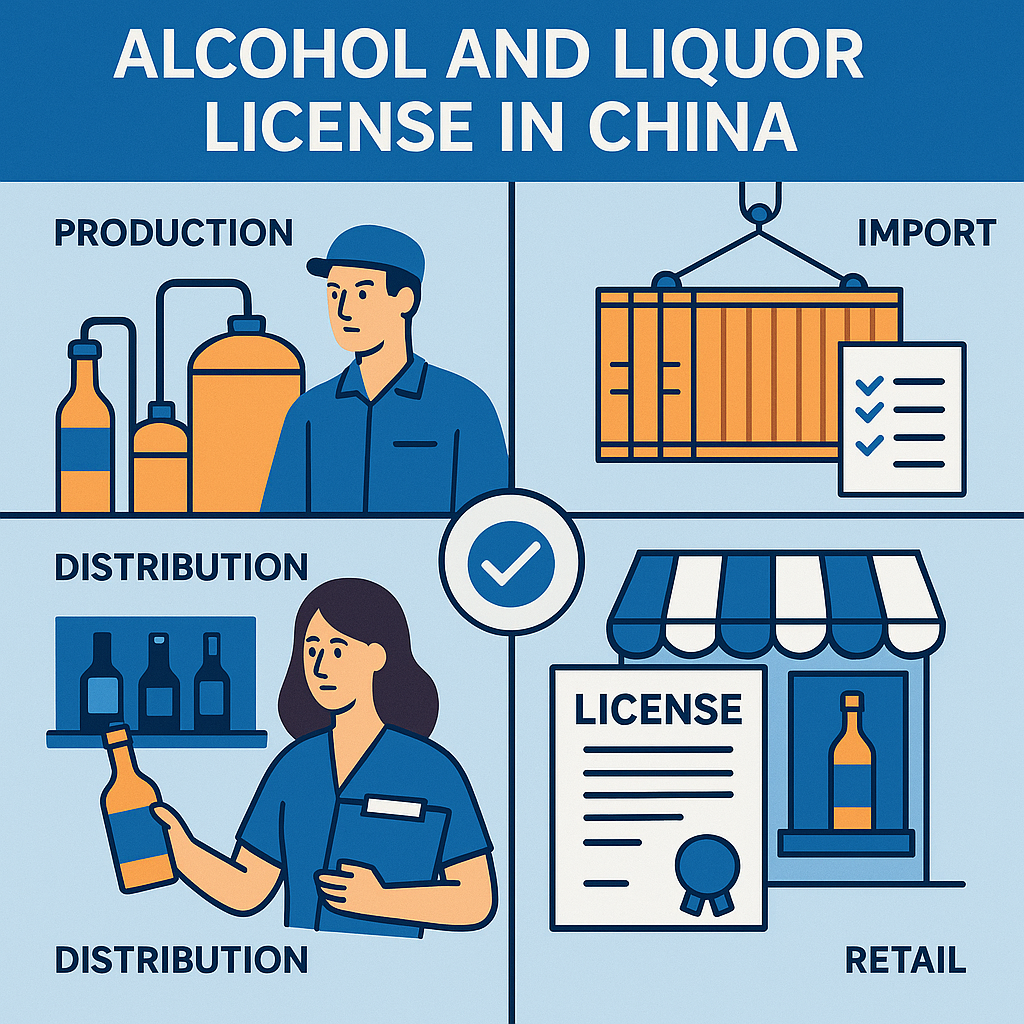 Diagram explaining Alcohol and Liquor License in China requirements for production import distribution and retail