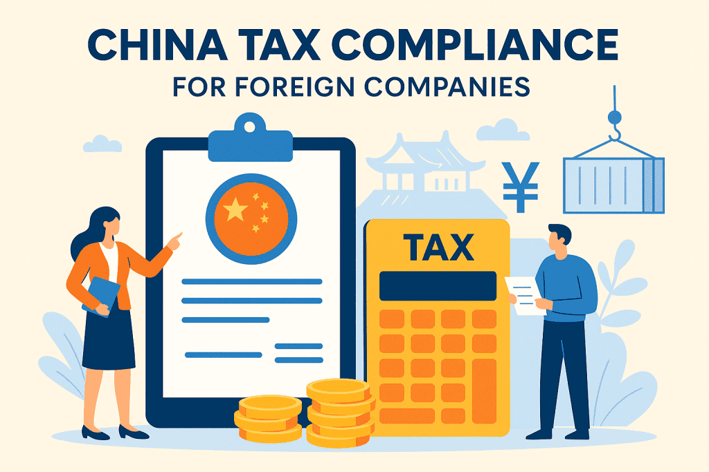 infographic showing China tax compliance for foreign companies with CIT VAT IIT and regulatory icons
