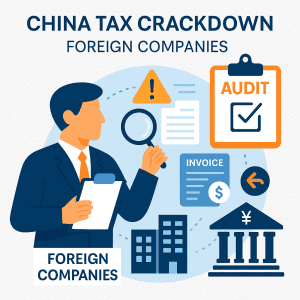 infographic showing China tax crackdown with audits invoices documents and foreign companies